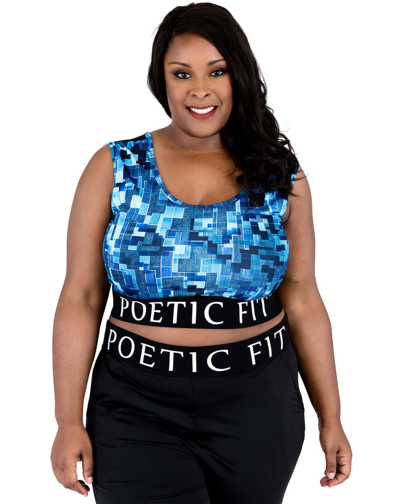 Front of a model wearing a size L Lena Mesh V-Back Sports Bra in Blue Geo by Poetic Justice. | dia_product_style_image_id:280023